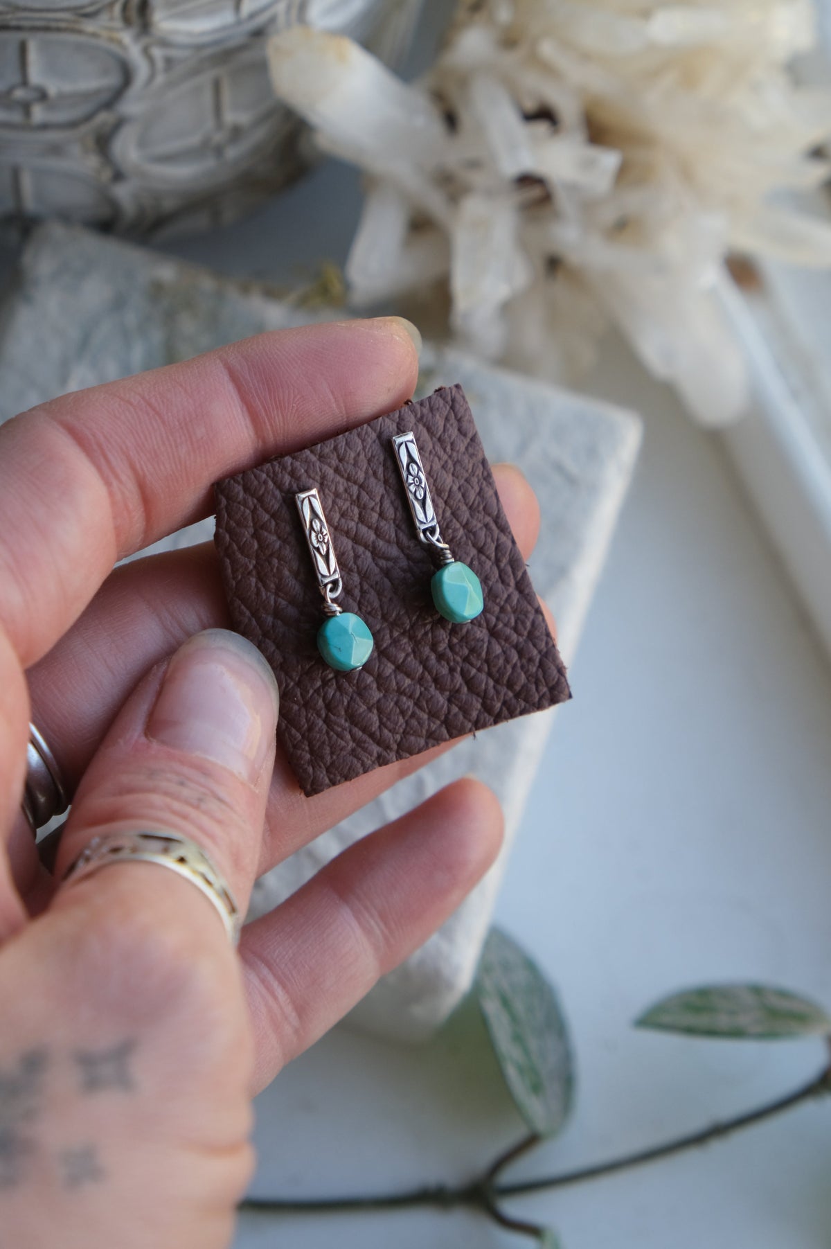 Floral Stud Earrings with Turquoise Beads