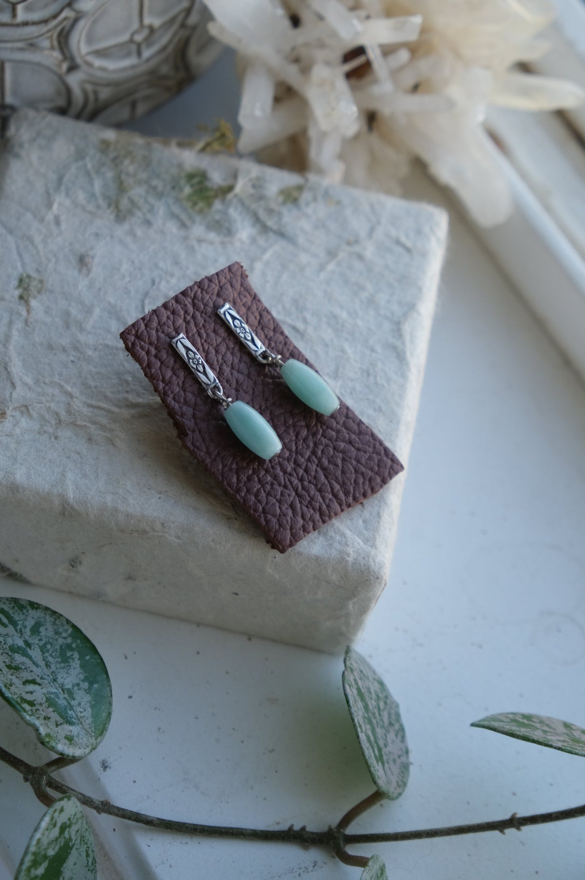 Floral Stud Earrings with Hemimorphite Crystal Beads