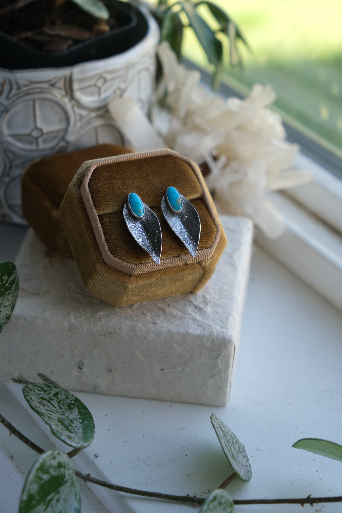 Turquoise Leaf Stud Earrings