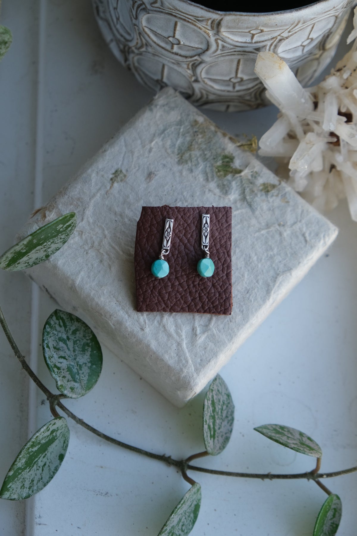 Floral Stud Earrings with Turquoise Beads
