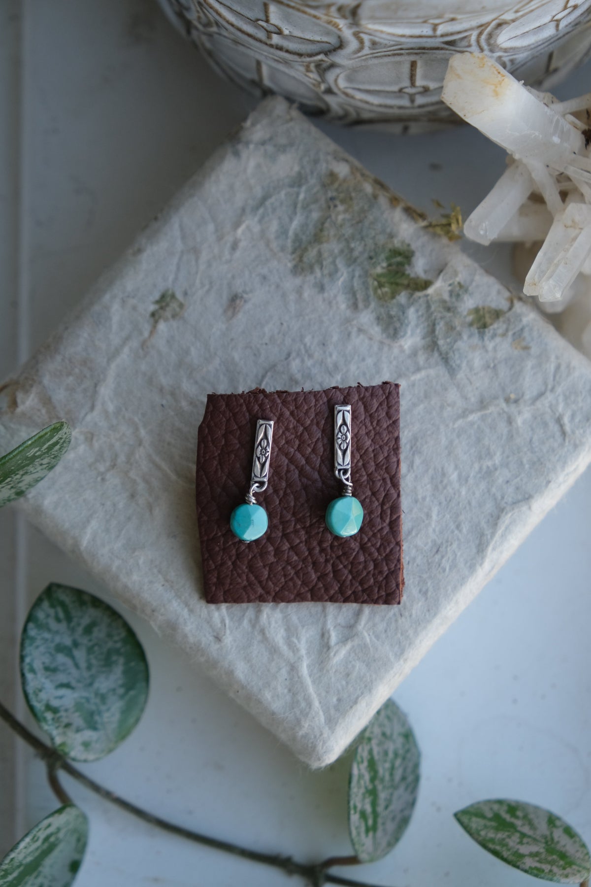 Floral Stud Earrings with Turquoise Beads