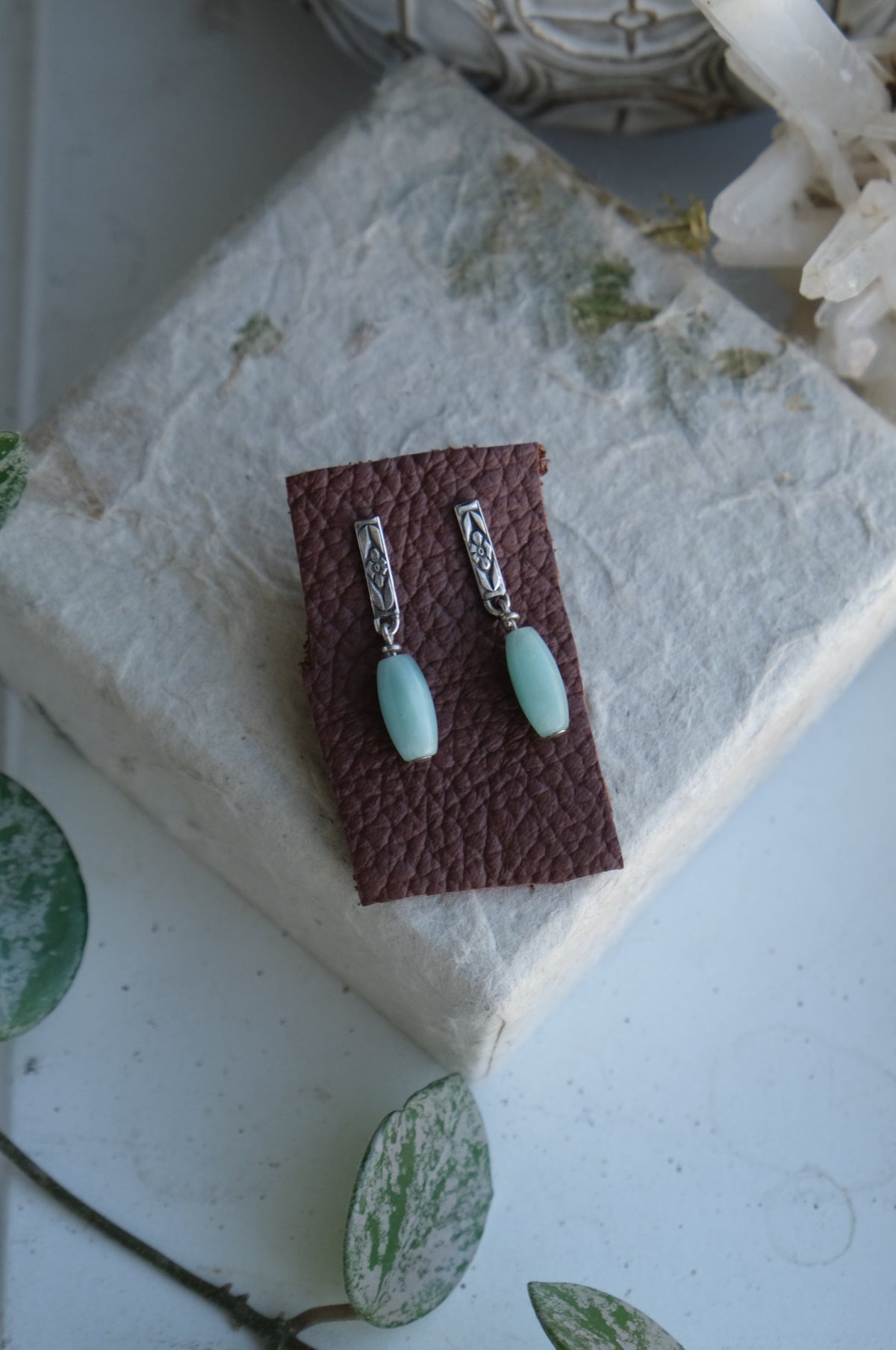 Floral Stud Earrings with Hemimorphite Crystal Beads