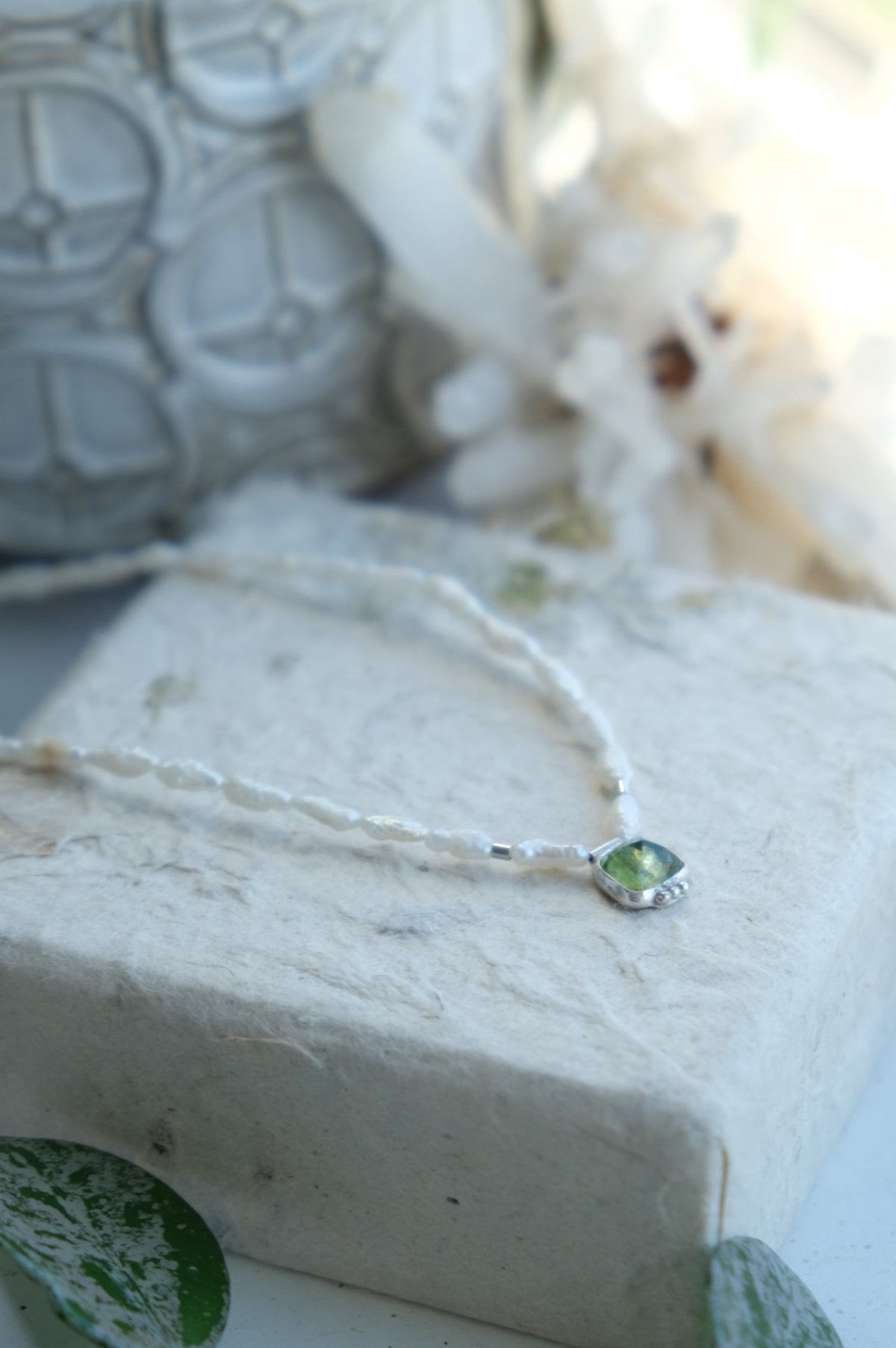 Green Tourmaline on Freshwater Pearls Necklace