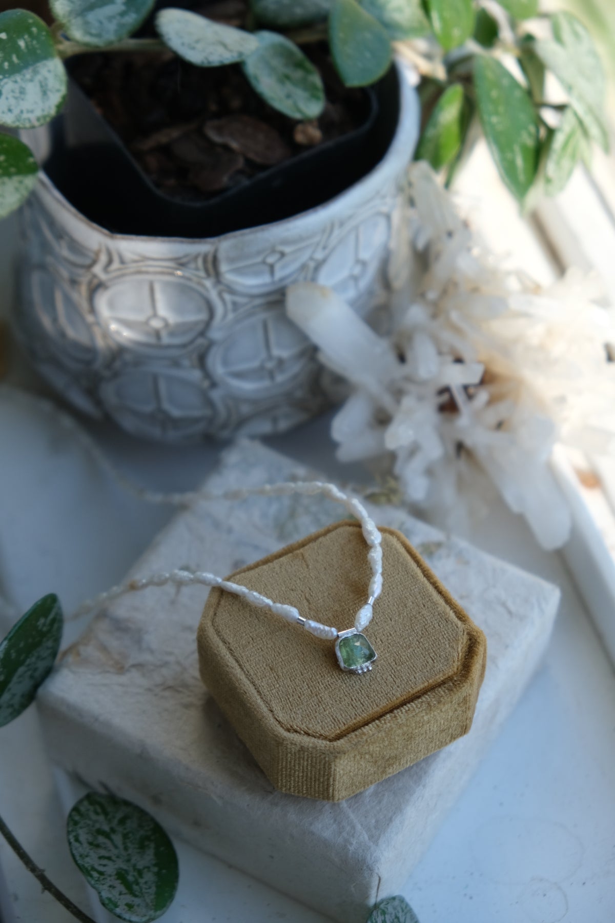 Green Tourmaline on Freshwater Pearls Necklace