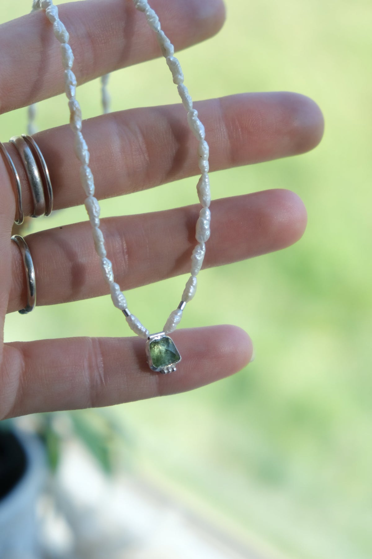 Green Tourmaline on Freshwater Pearls Necklace