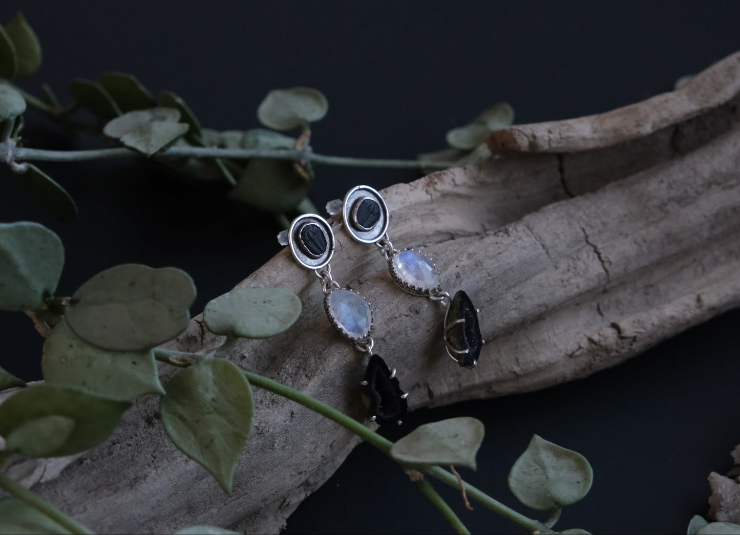 Trilobite Fossils, Moonstone & Agate Geode Stud Earrings