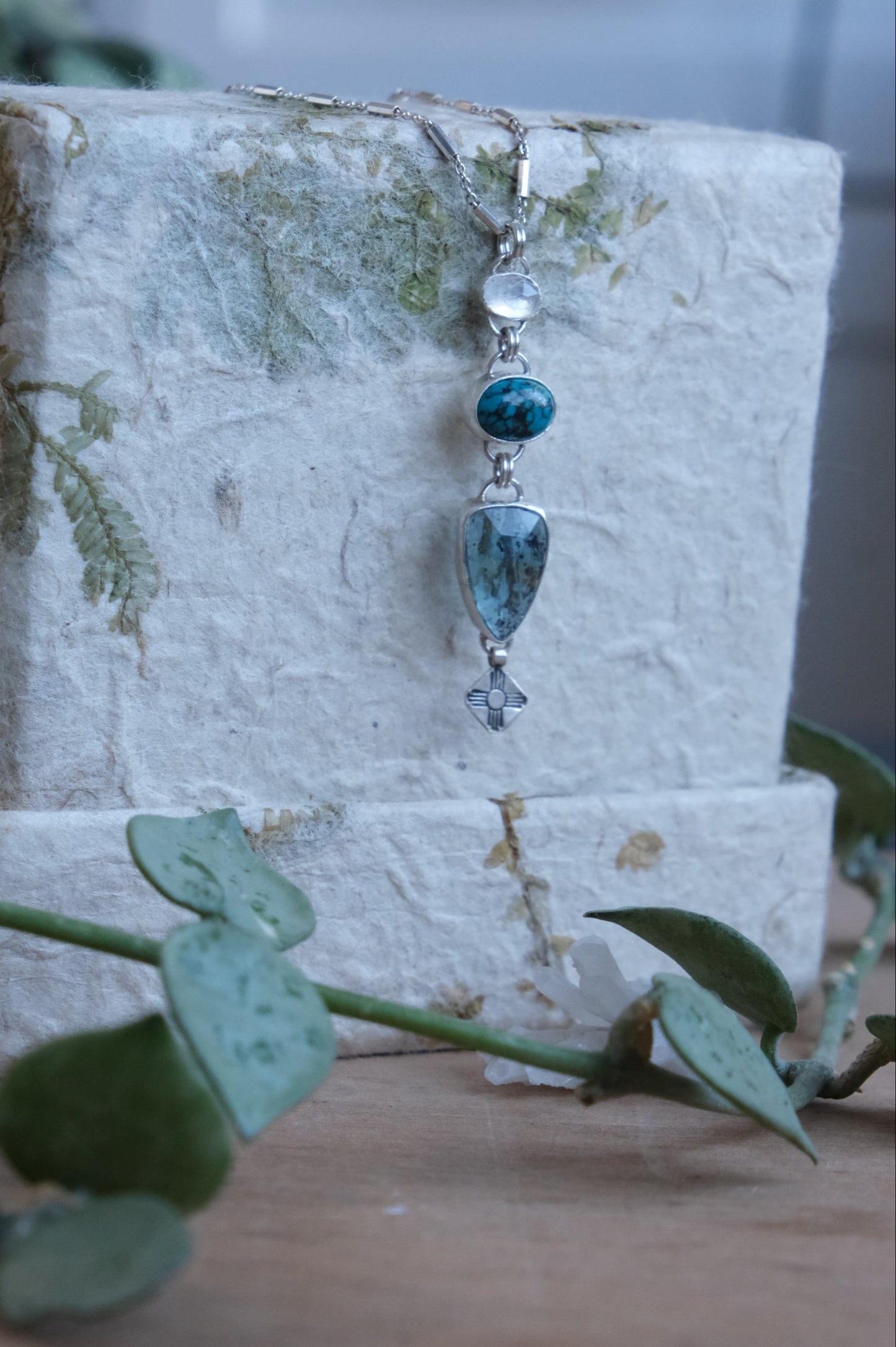 Waterfall of Gems Necklace; Moonstone, Turquoise, Kyanite