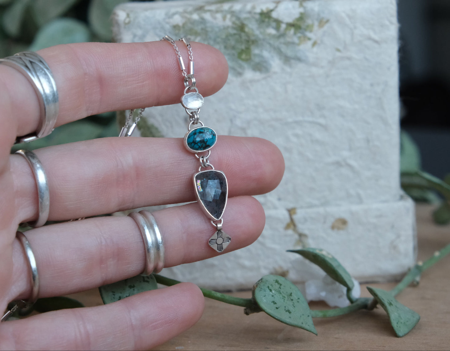 Waterfall of Gems Necklace; Moonstone, Turquoise, Kyanite