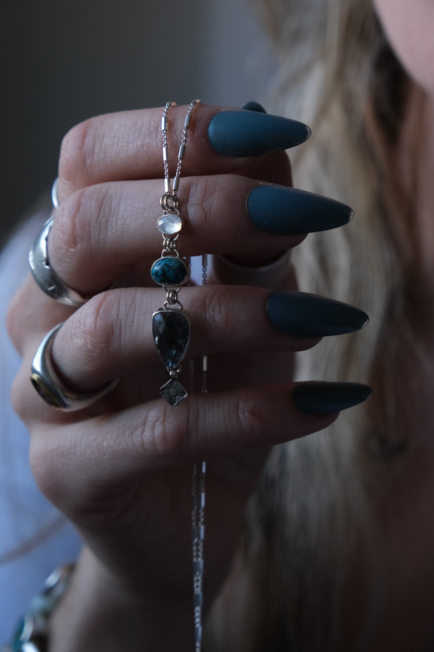 Waterfall of Gems Necklace; Moonstone, Turquoise, Kyanite