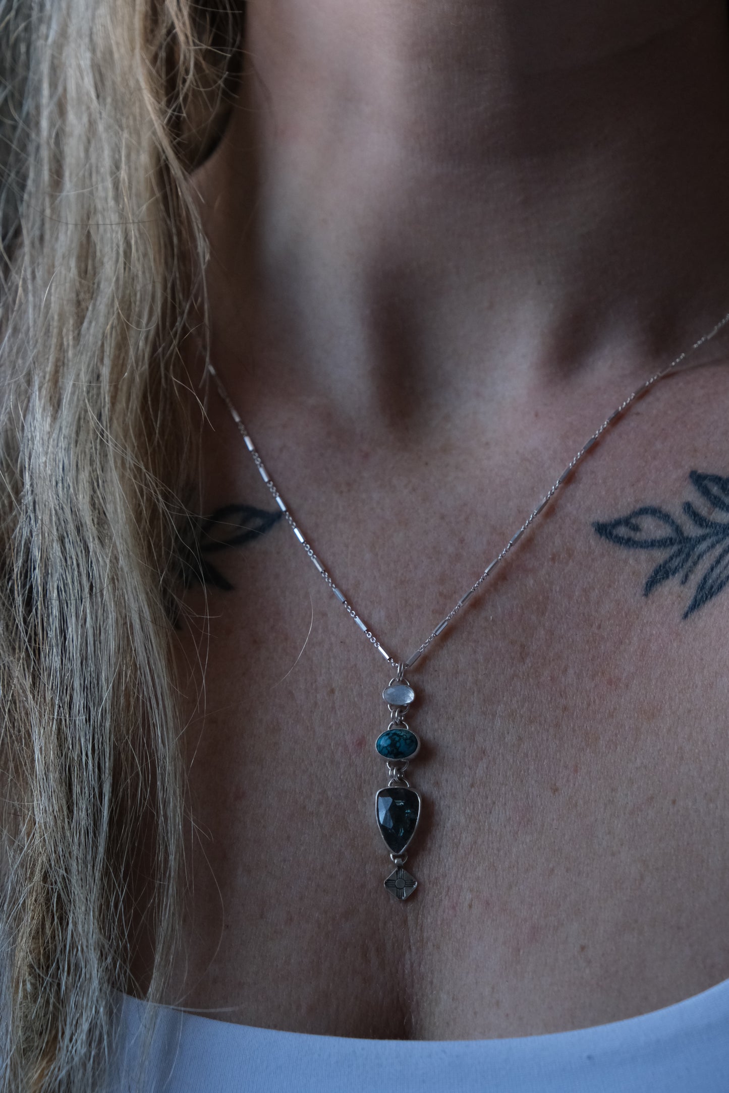 Waterfall of Gems Necklace; Moonstone, Turquoise, Kyanite
