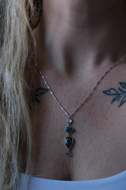 Waterfall of Gems Necklace; Moonstone, Turquoise, Kyanite
