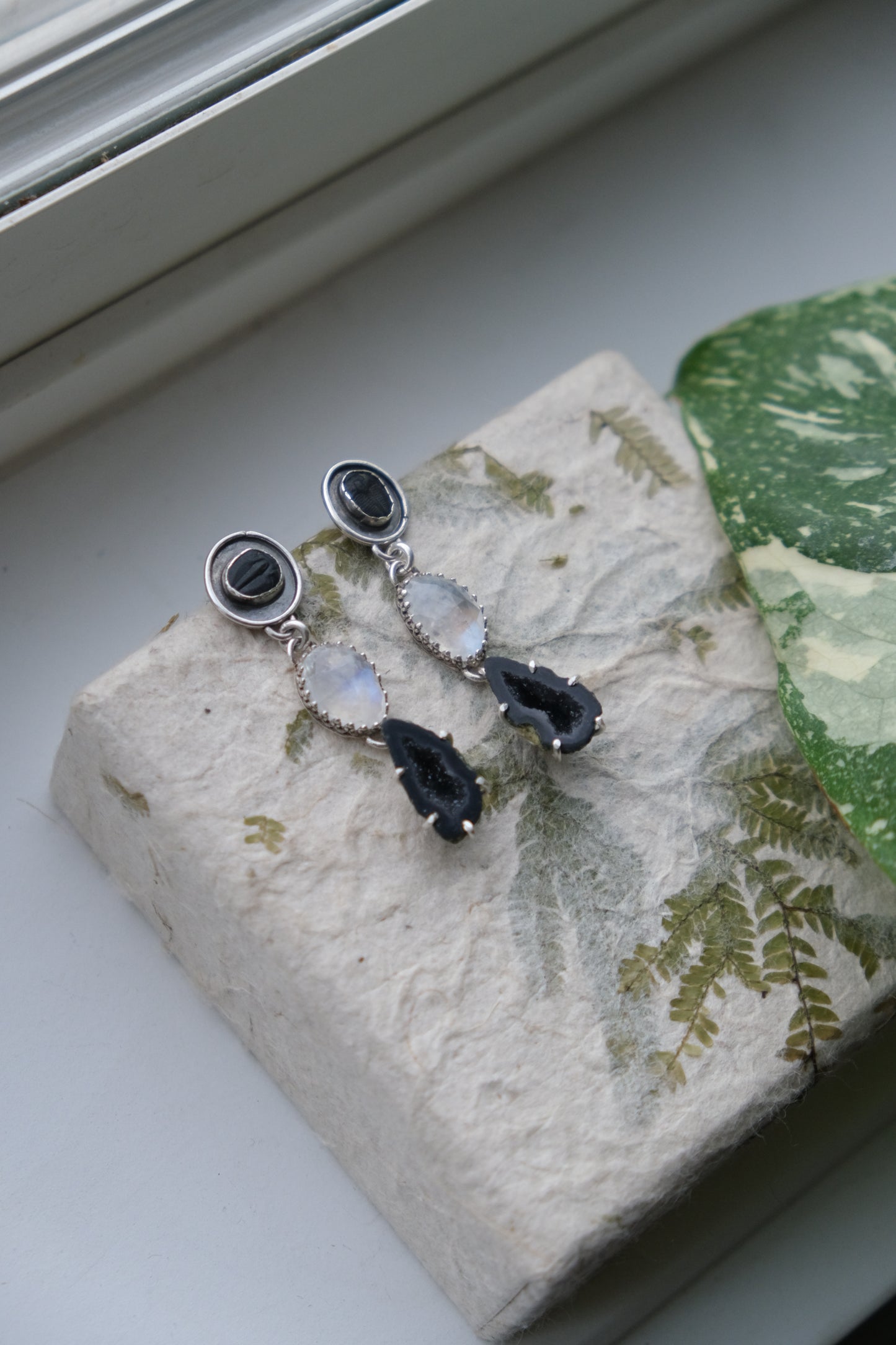 Trilobite Fossils, Moonstone & Agate Geode Stud Earrings