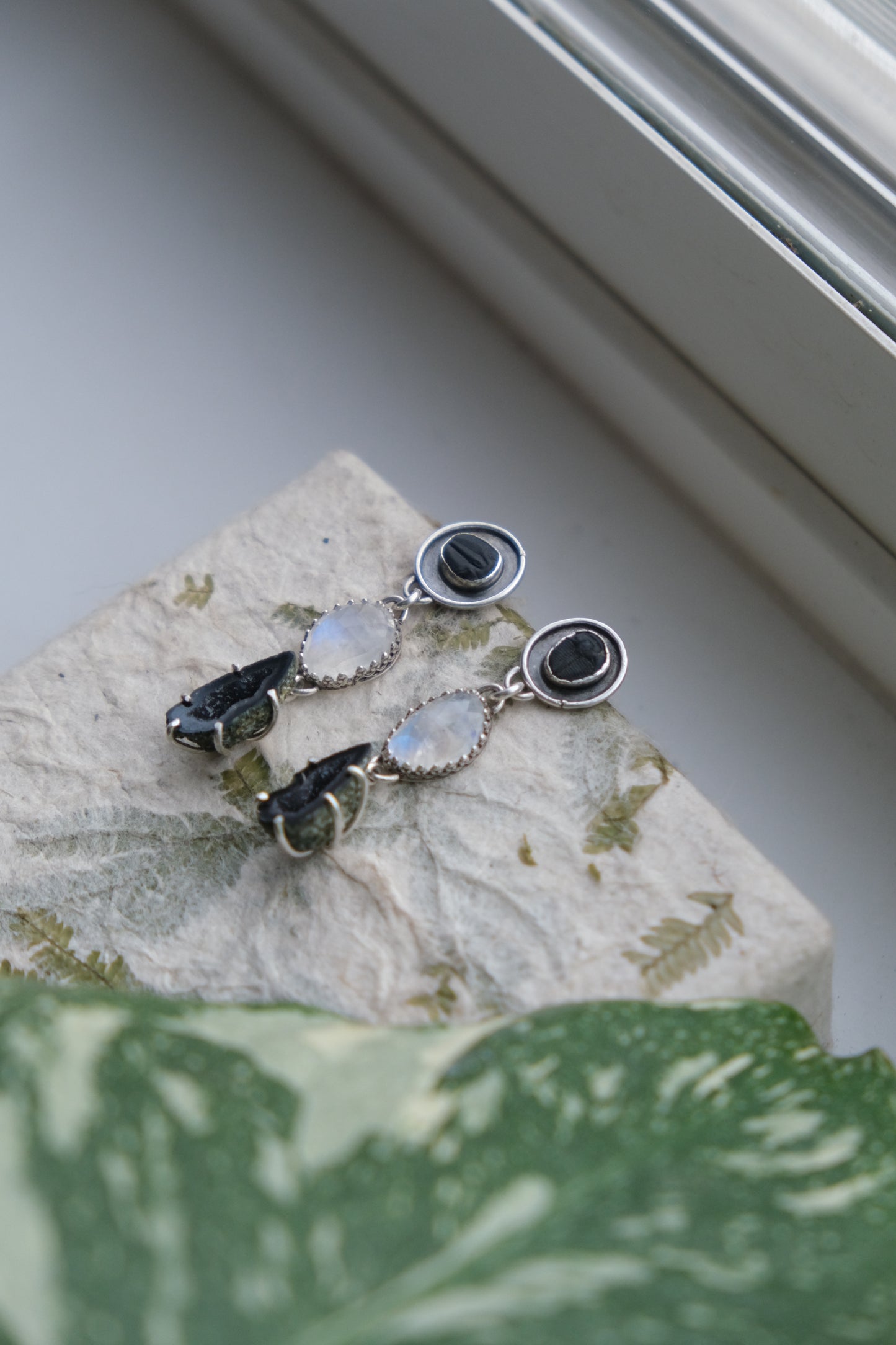 Trilobite Fossils, Moonstone & Agate Geode Stud Earrings