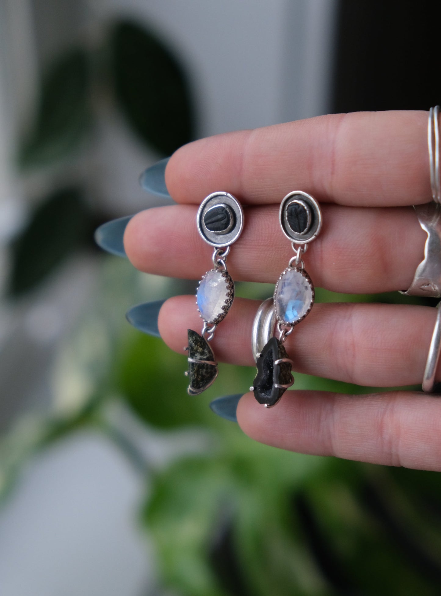 Trilobite Fossils, Moonstone & Agate Geode Stud Earrings