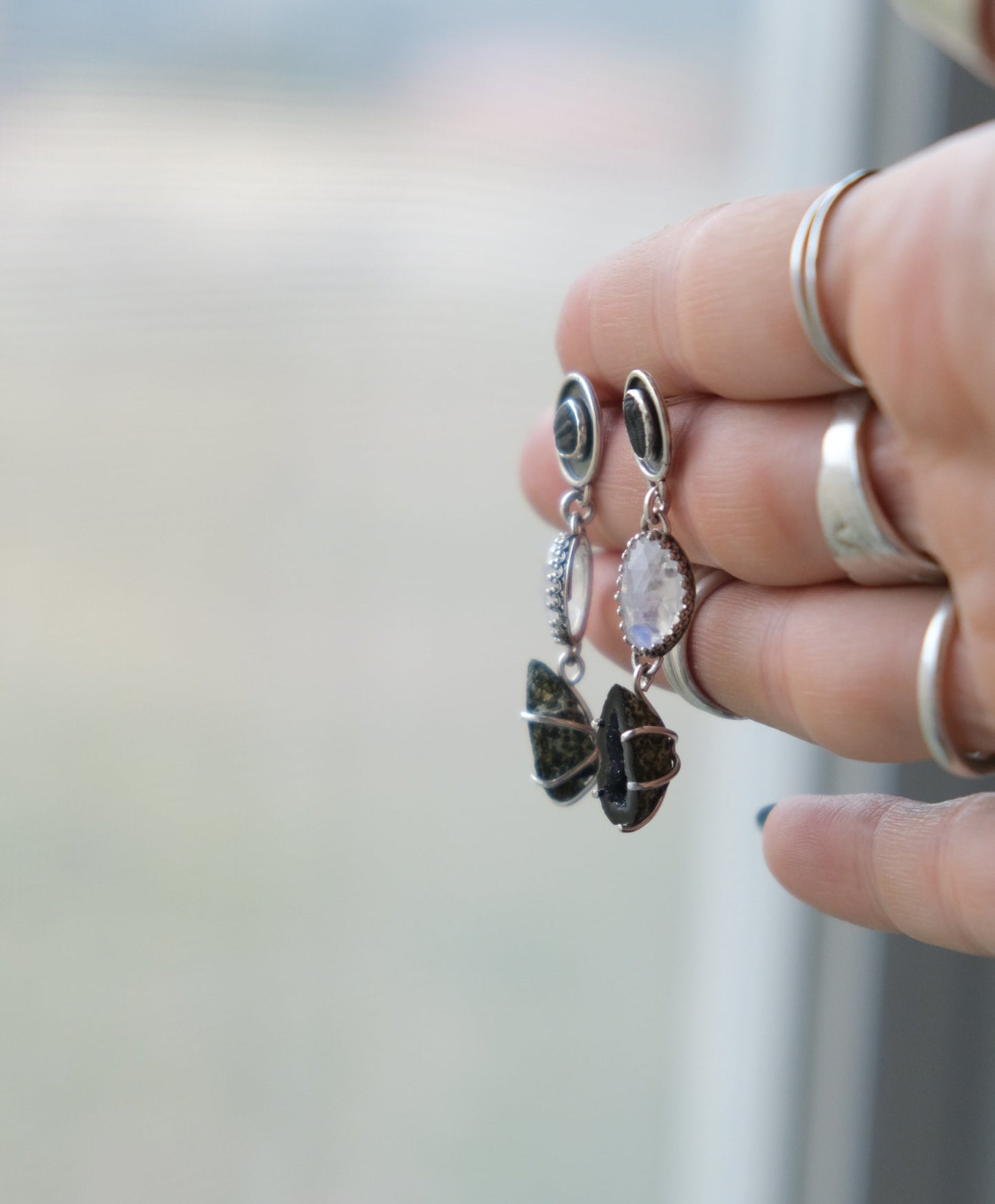 Trilobite Fossils, Moonstone & Agate Geode Stud Earrings