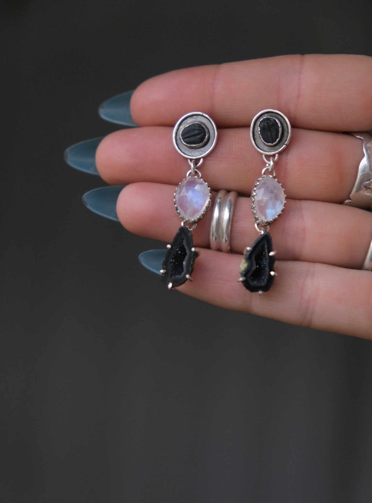 Trilobite Fossils, Moonstone & Agate Geode Stud Earrings